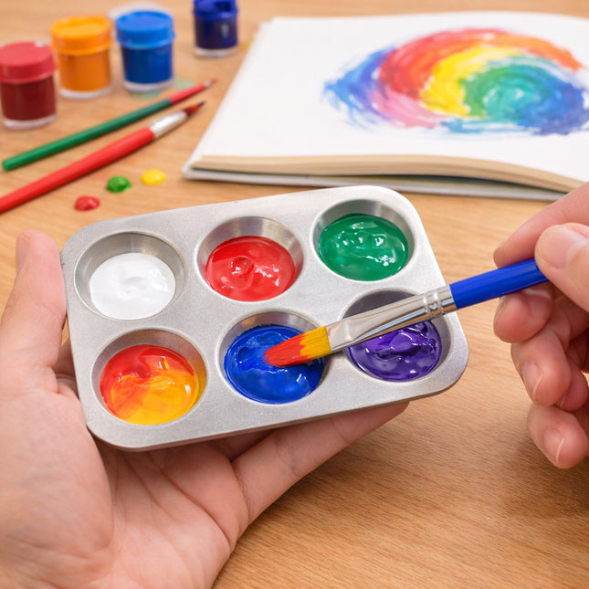 Hand holding a paint palette with colorful paints and a brush, with a rainbow painting in the background.