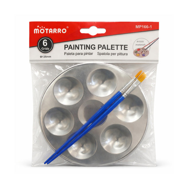 Motarro painting palette with 6 grids and a brush in clear packaging on a white background