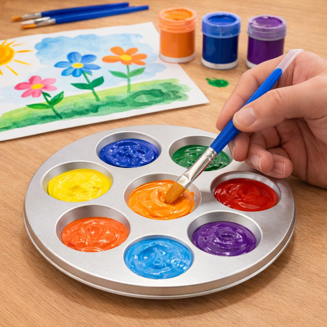 Hand holding a paintbrush over a color palette with a child's painting of flowers in the background.