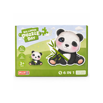 Puzzle packaging with a panda design on a white background