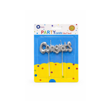 Silver 'Congrats' candles in packaging with colorful design