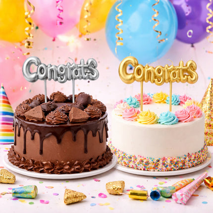 Two birthday cakes with 'Congrats' toppers, surrounded by balloons and party decorations.