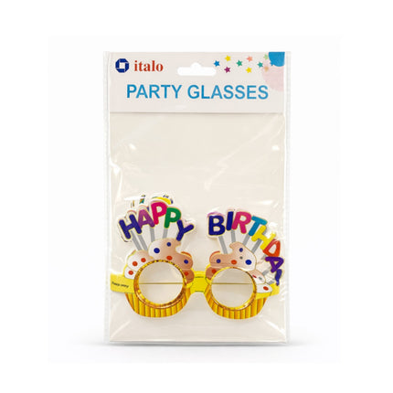 Packaged party glasses with 'Happy Birthday' design on a white background