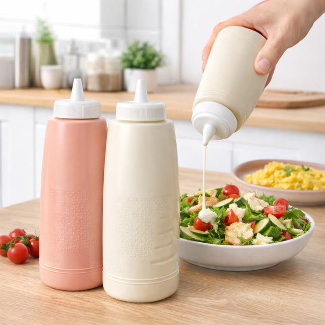 Two condiment bottles, one pink and one beige, with a hand pouring dressing onto a salad in a kitchen setting.