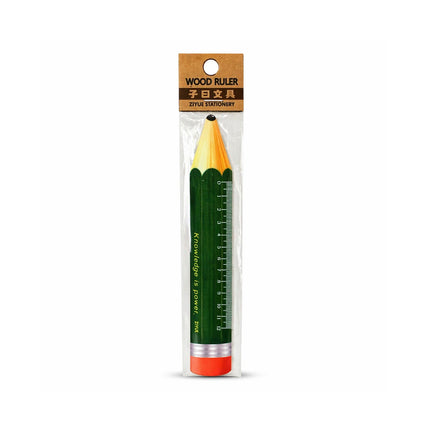 Green pencil-shaped ruler with orange base in clear packaging on a white background