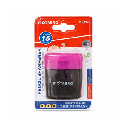 Motarro pencil sharpener packaging with pink sharpener and red and white label on a white background