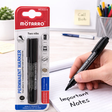 Motarro permanent marker with packaging and a hand writing 'Important Notes' on paper.