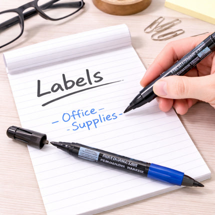 Hand writing 'Labels' on a notepad with office supplies in the background