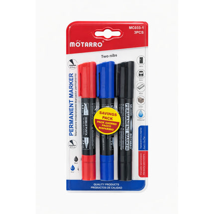 Pack of three permanent markers in red, blue, and black with Motarro branding on a white background.