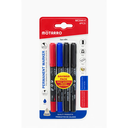 Pack of Motarro permanent markers with red, blue, and black colors on a white background.