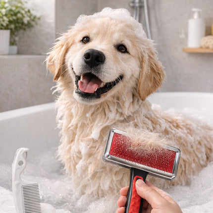 Dog being bathed with a red brush in a bathtub