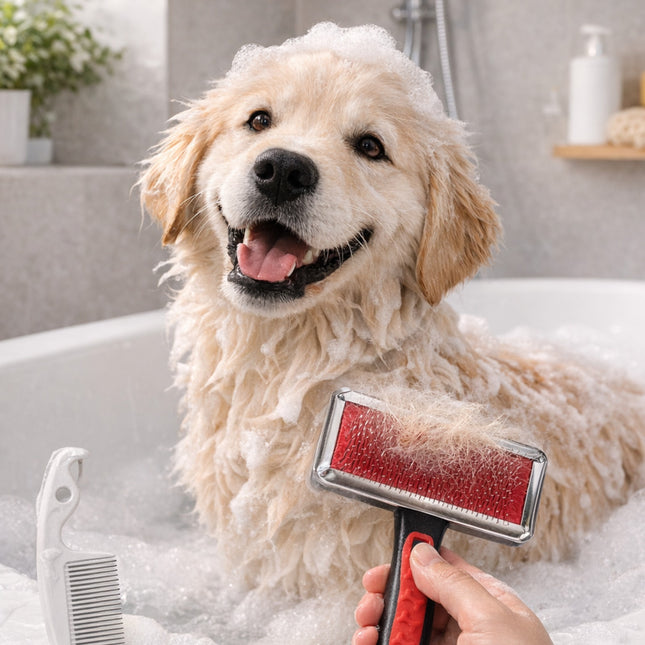 Dog being bathed with a red brush in a bathtub
