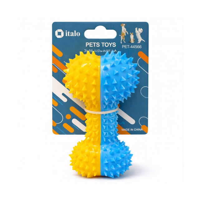 Blue and yellow spiky pet toy with packaging displaying 'italo' brand.