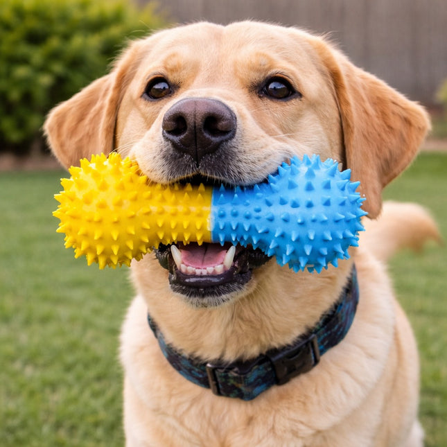 Dog holding a yellow and blue ball in its mouth outdoors.