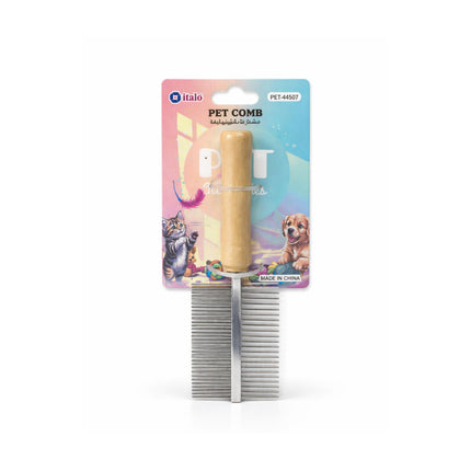 Pet comb with packaging featuring illustrations of a cat, dog, and bird on a white background.