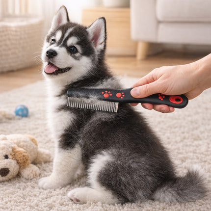 Person grooming a small dog with a comb on a carpeted floor.
