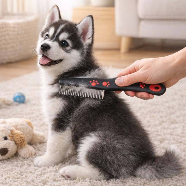 Person grooming a small dog with a comb on a carpeted floor.