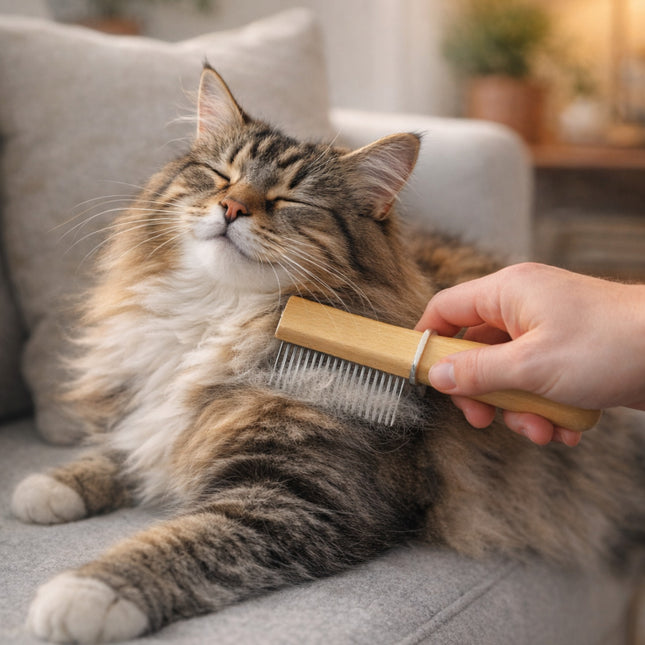 Cat being groomed with a wooden brush by a person on a couch.