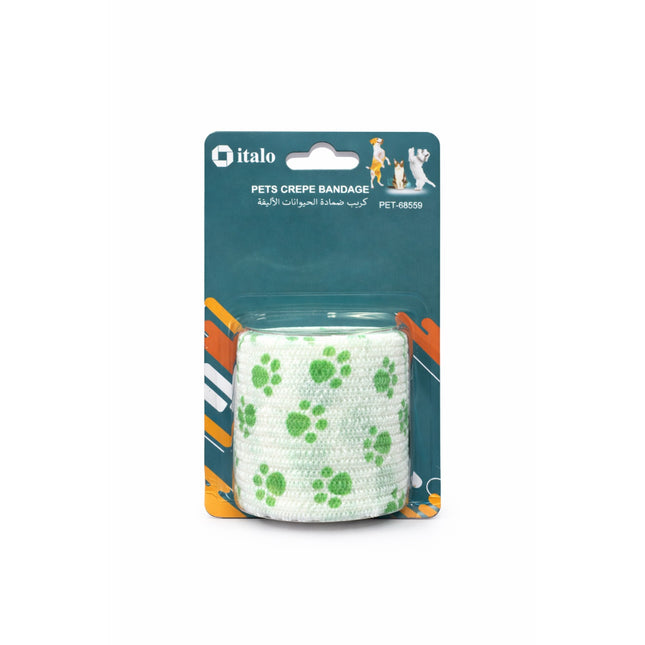 Pets crepe bandage with green paw prints on a white background, featuring the brand 'italo'.
