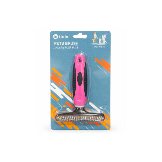 Pink pet brush in packaging with 'italo' branding on a white background