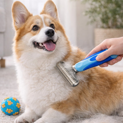 Dog being groomed with a blue grooming brush in a home setting
