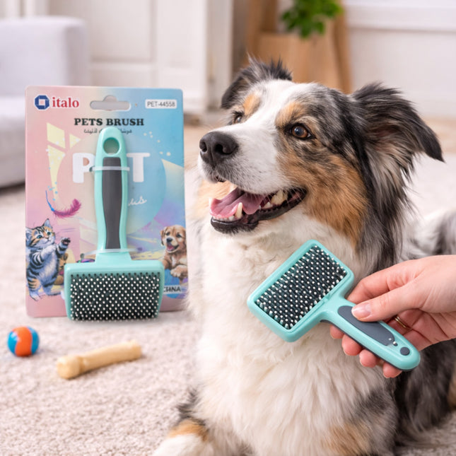 Dog being groomed with a pet brush, with a product packaging in the background