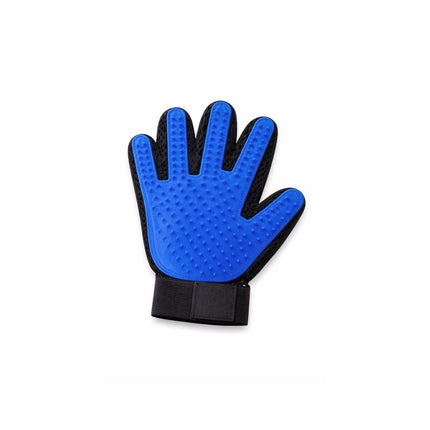 Blue grooming glove with black accents on a white background