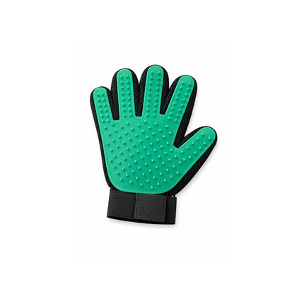 Green grooming glove with black accents on a white background