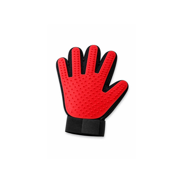 Red grooming glove with black accents on a white background