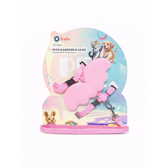 Pink pet harness and leash set on a colorful packaging background