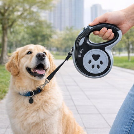 Dog on a leash with a retractable dog leash in an urban park setting