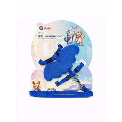 Blue pet harness and leash set on a colorful display card with animal illustrations.