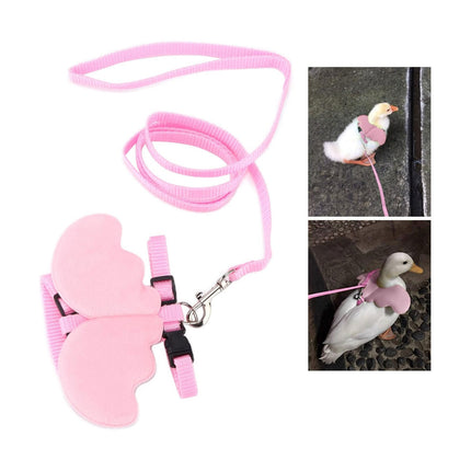 Pink duck leash and harness set with two images of a duck wearing it.