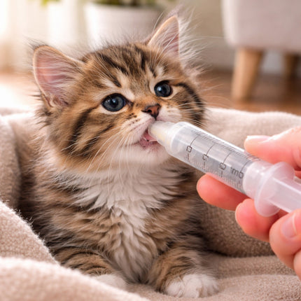 Kitten being fed from a syringe with a blurred background