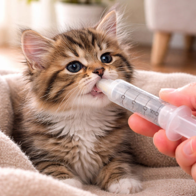 Kitten being fed from a syringe with a blurred background