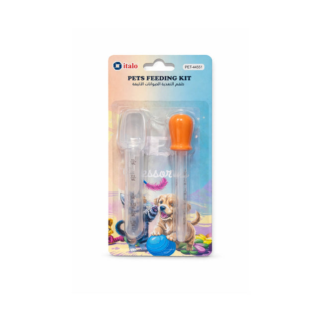 Pets feeding kit packaging with a spoon and bottle on a white background