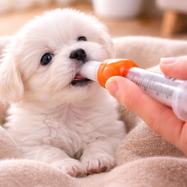 Small white dog being given a pill by a person using a syringe.