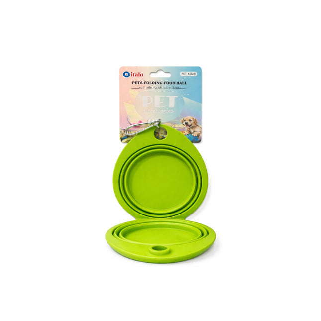 Green silicone folding food bowl with packaging on a white background