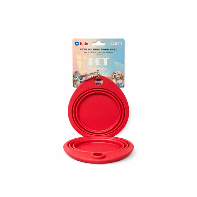 Red pet food bowls with packaging on a white background