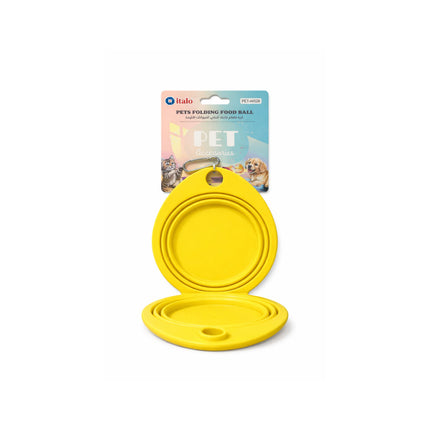 Yellow pet folding food bowl with packaging on a white background