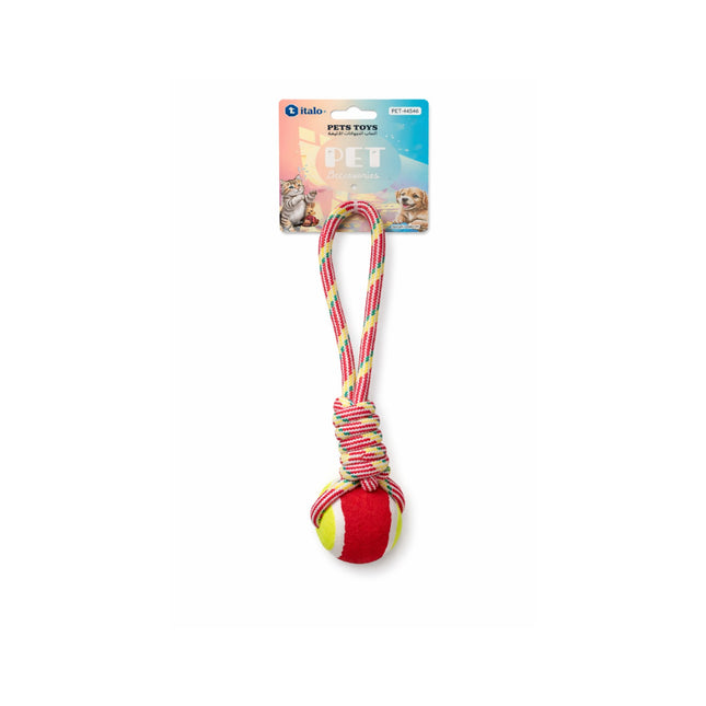Pet toy with a ball and rope on a white background