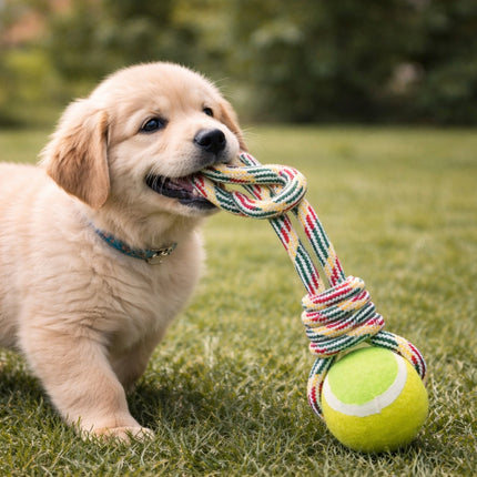 Puppy playing with a rope toy and ball on grass