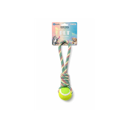 Pet toy with a tennis ball and colorful rope on a white background