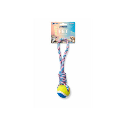 Pet toy with a ball and rope on a white background