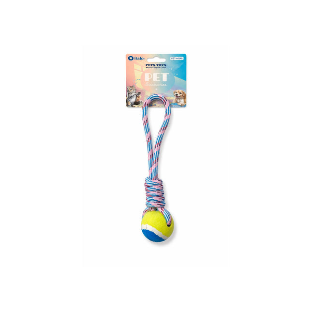 Pet toy with a ball and rope on a white background