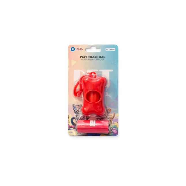 Red pet waste bag dispenser with a plastic bag on a white background