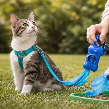 Cat wearing a blue harness and leash, sitting on grass with a person's hand holding the leash.