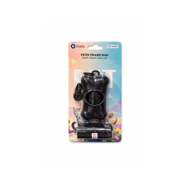Black pet waste bag dispenser in packaging on a white background