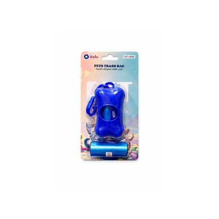 Blue pet waste bag dispenser with packaging on a white background