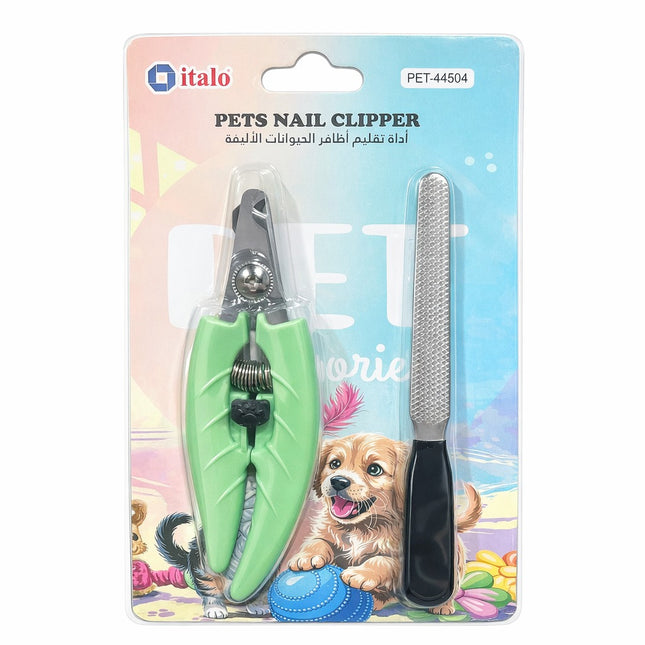 Pet nail clipper set with a comb on a colorful 'italo' branded package.